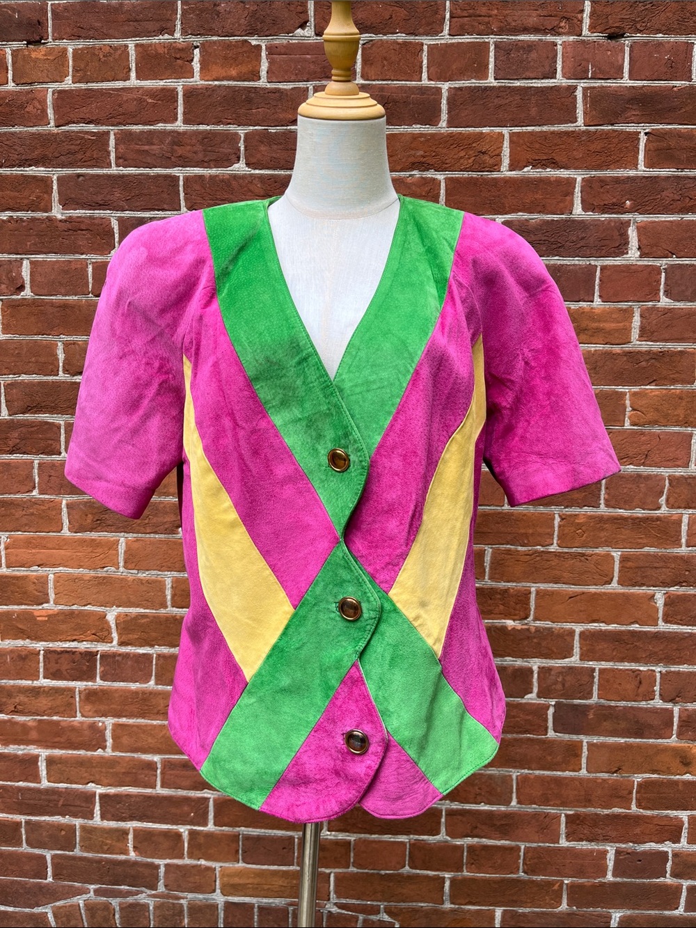Danier Pink Green Yellow Colourblock Suede V-Neck Button Front Jacket - Picture 1 of 7